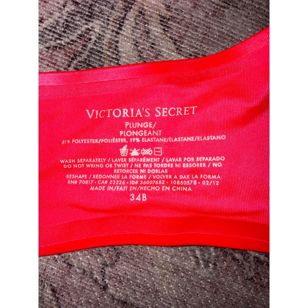 Victorias Secret Plunge Bra Neon Pink 34B Underwire Padded Smooth Logo Charm - Picture 4 of 4